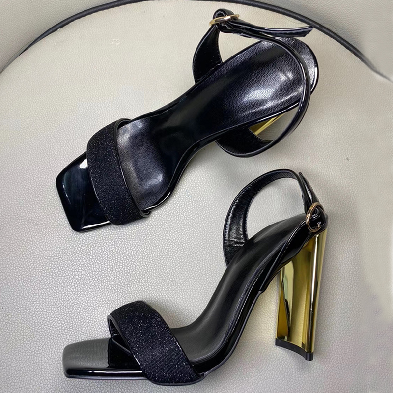 

Gold chunky high Heels Women Sandals Black sparkle sequins decor spaure toe back strap sandalias Summer sexy Party dress Shoes