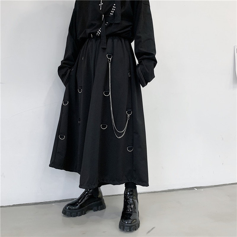 

Men Metal Chain Causal Loose Casual Wide Leg Pant Male Japan Style Streetwear Gothic Punk Kimono Skirt Pants, F26