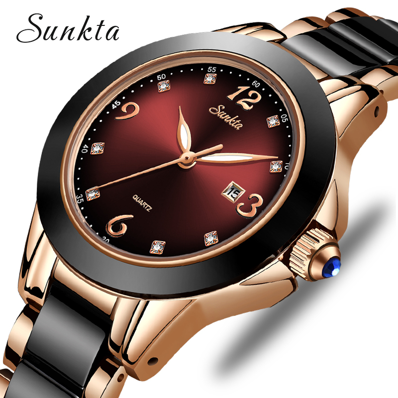 

2019 SUNKTA Brand Fashion Watch Women Luxury Ceramic And Alloy Bracelet Analog Wristwatch Relogio Feminino Montre Relogio Clock LY191209, Rose gold blue