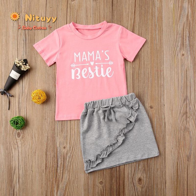 

2020 Summer Toddler Baby Girls Letter Print Short Sleeve T-shirt Top Lace Ruffle Skirt Set Casual Round Collar 2PCS Outfit, Pink