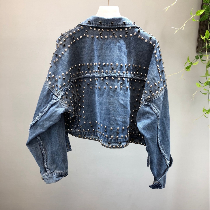 

Studded Rivet Denim Jacket Autumn Women Coats Black Blue Single Breasted 2018 Short Women's Jackets Coat Loose Crop Top