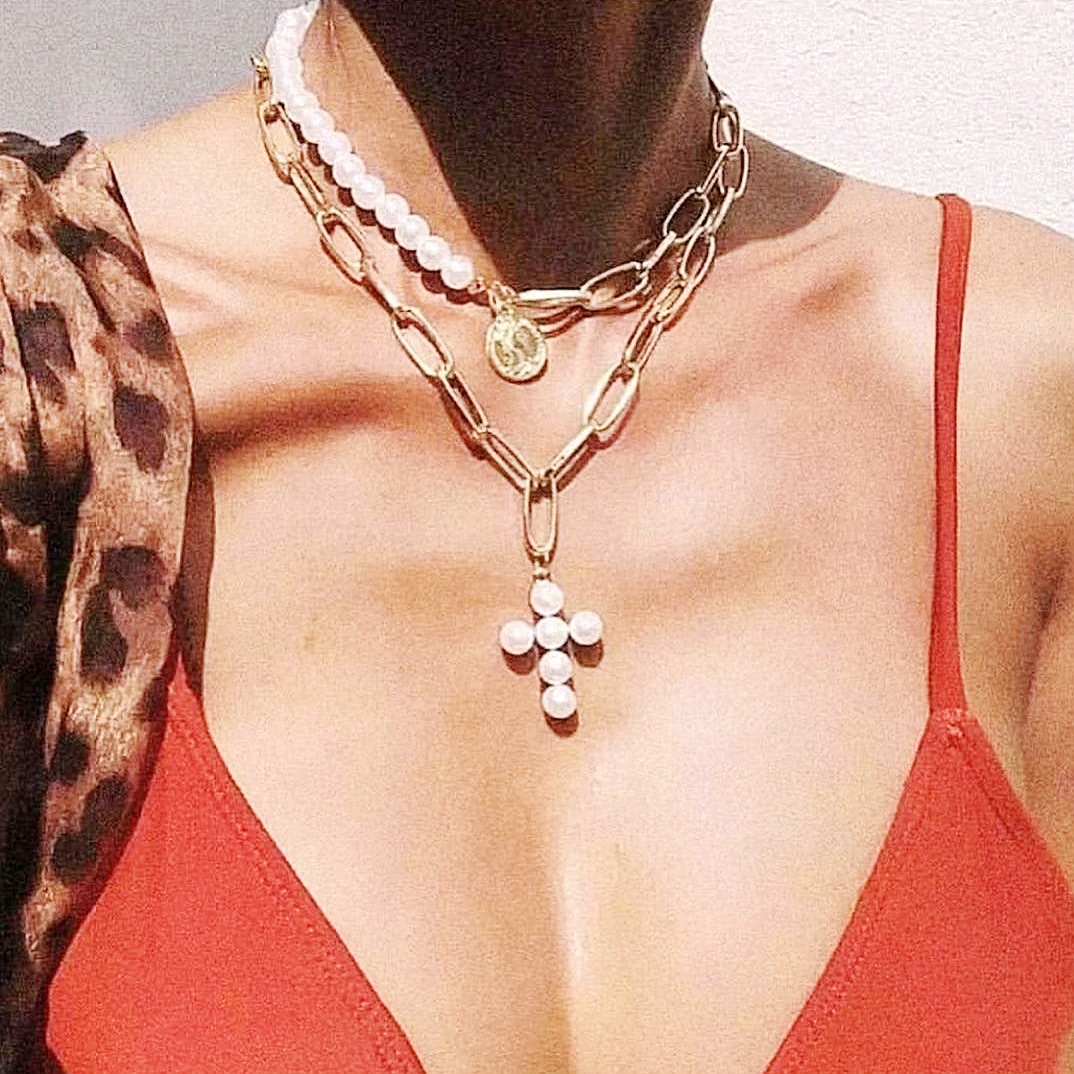 

layered necklace jewelry for women female pendant Pearl padlock for women colier femme multilayer chains bijouterie trinket bijoux wholesal, Silver