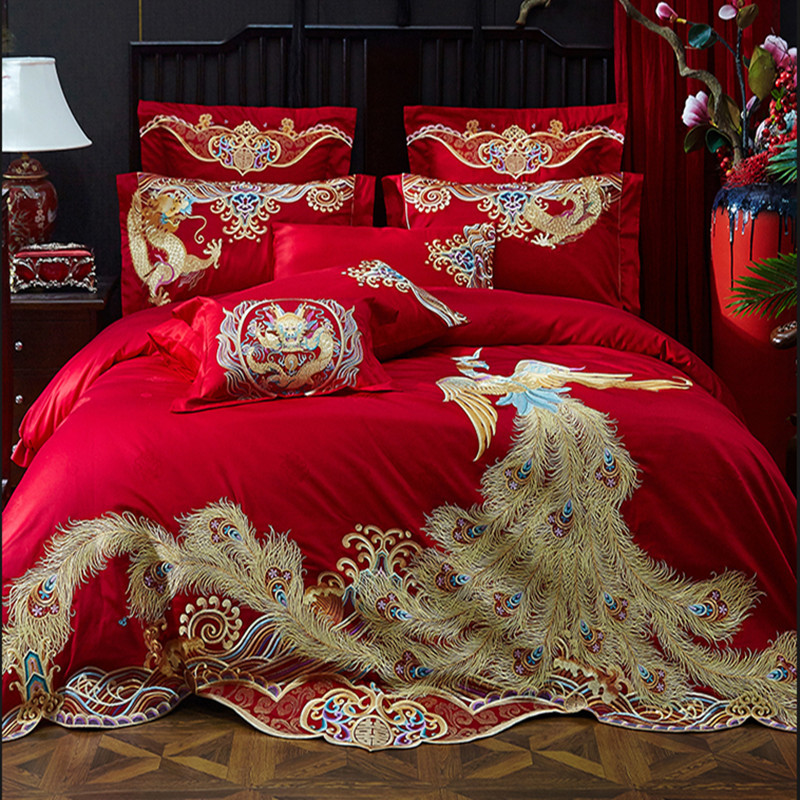 

Super Wedding Bedding Set Long Tail Golden Phoenix Bed Set Embroidery Red Duvet Cover 100S Long-staple cotton Bed cover, Colour 1