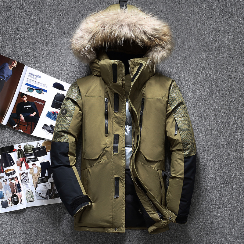 

2019Winter Big Fur Hooded Duck Down Jackets Men Warm High Quality Down Coats Male Casual Winter Outerwer Parkas Armygreen, Black