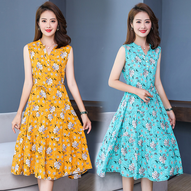 

Wholesale women's new artificial cotton silk dress mid-length mom summer sleeveless strap floral dress, 6#
