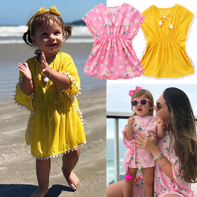 

Baby Girls Beach Cover Up Outfits Kids Cute Pompon Floral Summer Dress 2020 Children Beachwear Sundress Bathing Suit Clothes