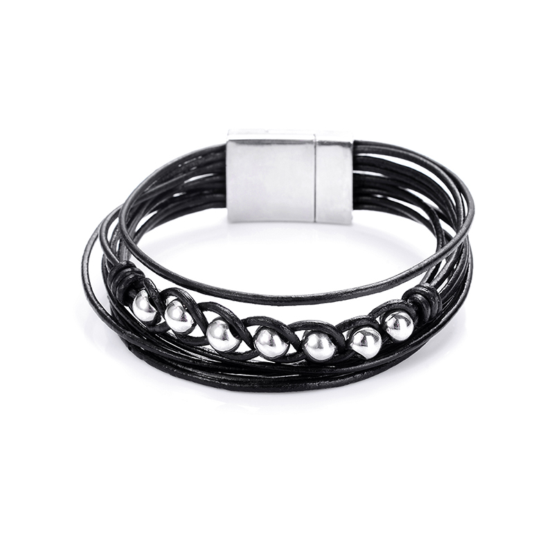 

New Trendy ccb Spacer Beads Multi-layer Geniune Leather Cord Magnetic Clasp Wrap Strand Braided Bracelets Bangles Women and Men