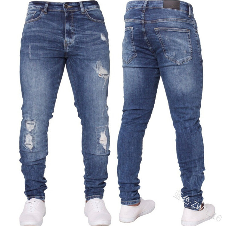 

Men's Holes Hip Hop Jeans Fashion Wear White Cowboy Trousers Waist Elastic Force Self-cultivation Leisure Bound Feet Pants, Blue