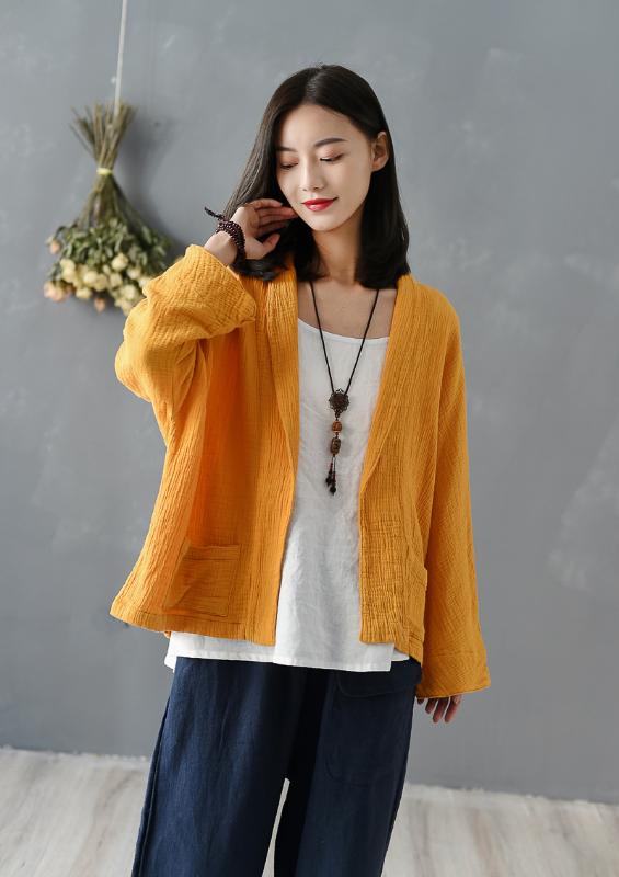 

Women Blouses Linen Tops Retro Kimono Cardigan Coat Breathable Cotton Casual Long Sleeves Mori Girl Plus Size Women Tops Kimono, Yellow