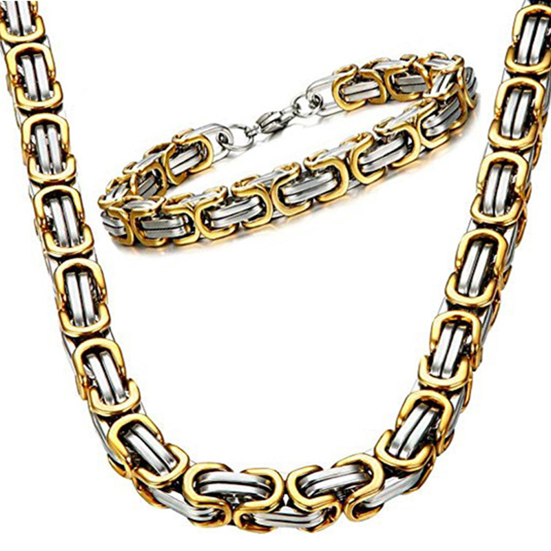 

Handmade Byzantine Chain Necklace Gold Jewelry Stainless-Steel Men's Gifts 4-8MM Link Chain Bracelet-Set