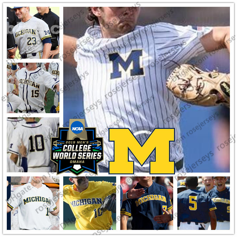 

2019 Michigan Wolverines #10 Blake Nelson 17 Jeff Criswell 37 Karl Kauffmann White Blue Gray Cream Yellow NCAA CWS College Baseball Jersey, White pinstripe with 2019 cws patch