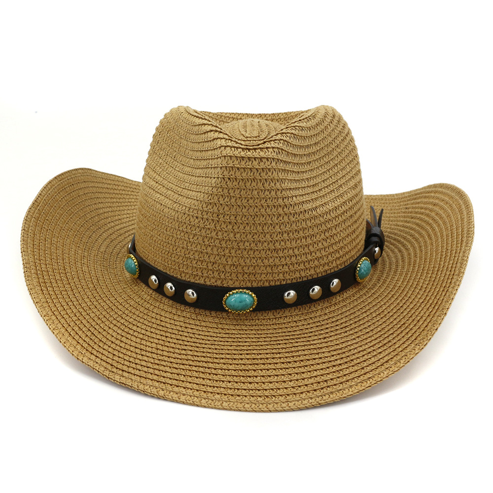 

Fashionable Summer Beach Hat Cowboy Paper Straw Hats for Men Women Wide Brim Panama Style Sun Visor Cap with Belt Decor, Black
