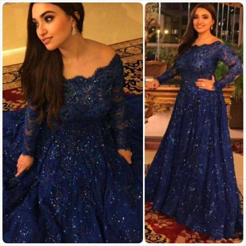

Navy Blue Sparkly Vintage Evening Dresses 2019 Cheap Long Sleeves Beads Crystals Ruffled Sweep Train Plus Size Arabic Lace Formal Prom Gowns, Nude