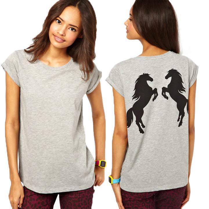

Womens Double Standing Horse Print In Back Rolling Sleeve T-Shirt, Gray