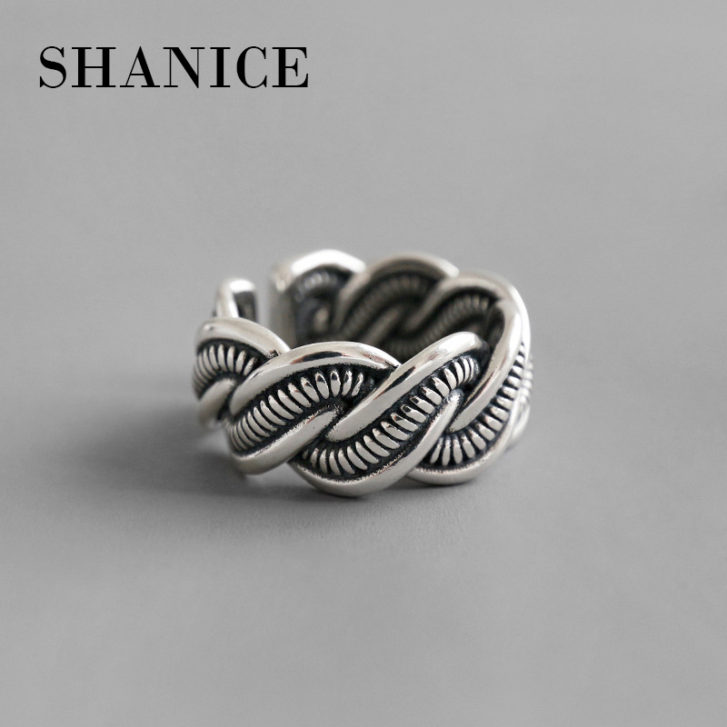 

SHANICE Punk Retro 100%925 Sterling Silver Open Ring For Women Frosty retro art coarse twist fine thread weaving cool jewelry