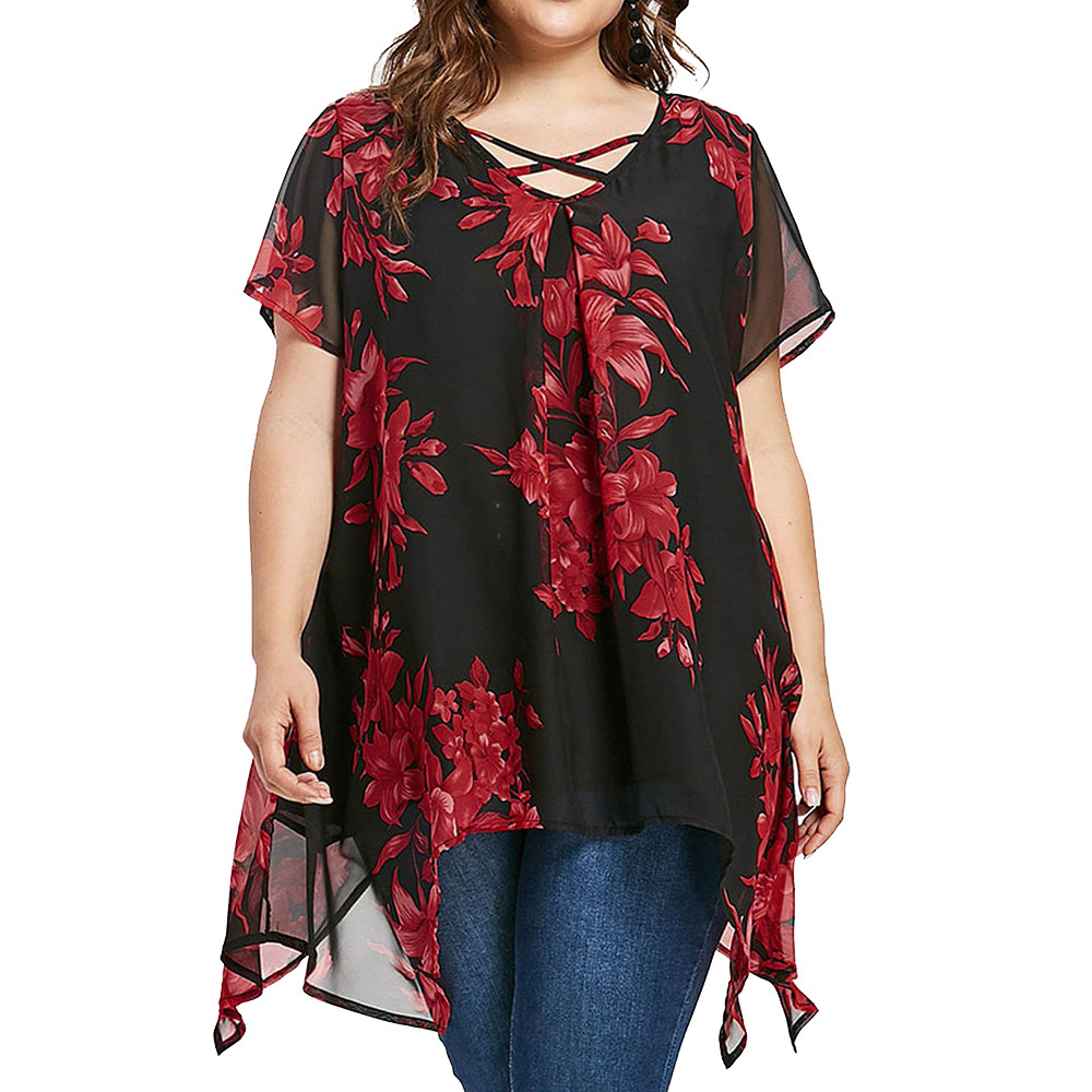 

Womens Tops And Blouses Plus Size Criss Cross Double Chiffon Print Short Sleeve Shirt Tops Blouse shirt women roupas feminina, Red