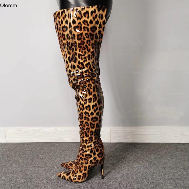 

Olomm Handmade Women Shiny Thigh High Boots Stiletto Heels Boots Pointed Toe Gorgeous Leopard Club Shoes Women Plus US Size 5-15, D2138 leopard