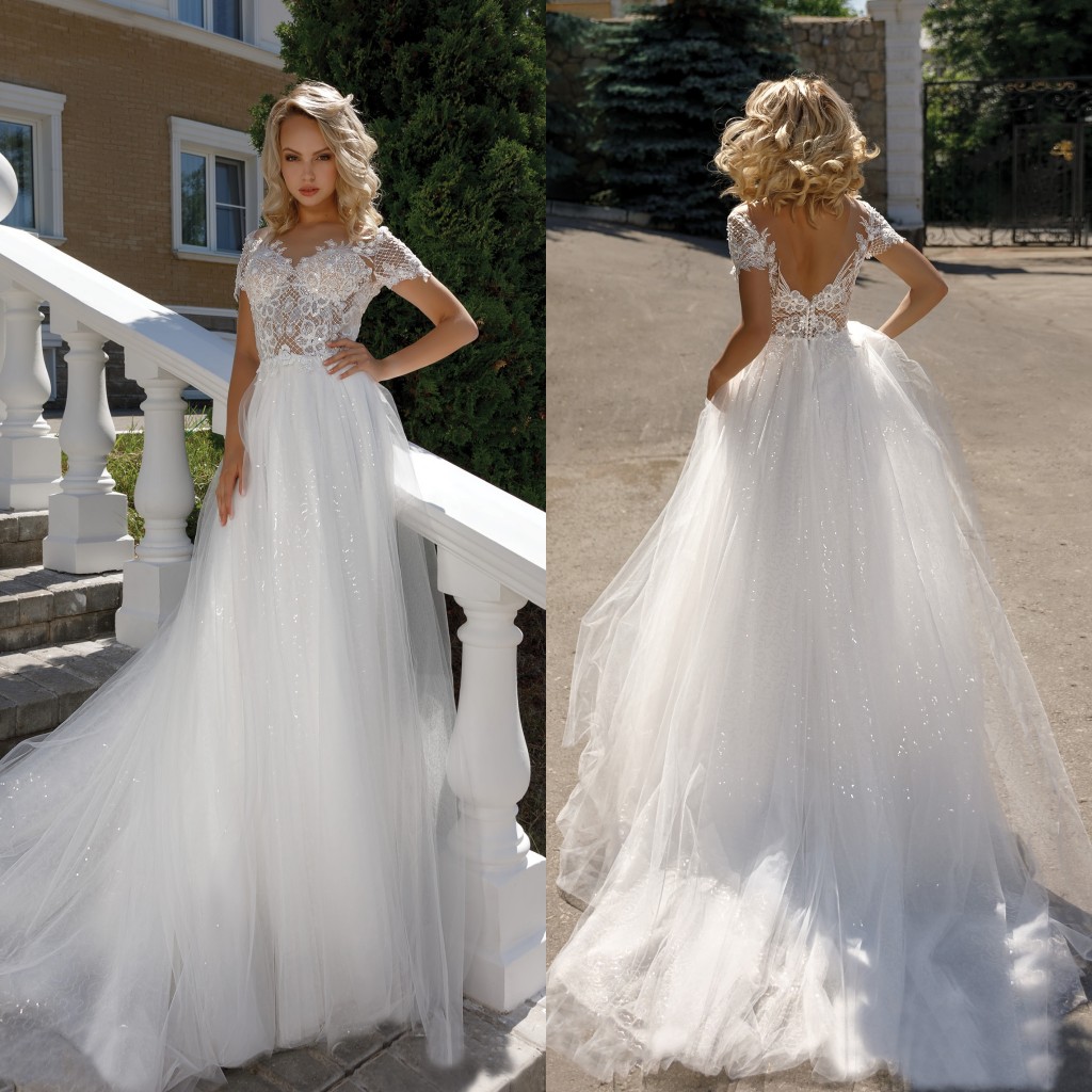 

2020 Wedding Dresses V Neck Capped Sleeve Lace Appliques Sequin Bridal Gowns Sexy Backless Sweep Train Plus Size A Line Wedding Dress, Gold