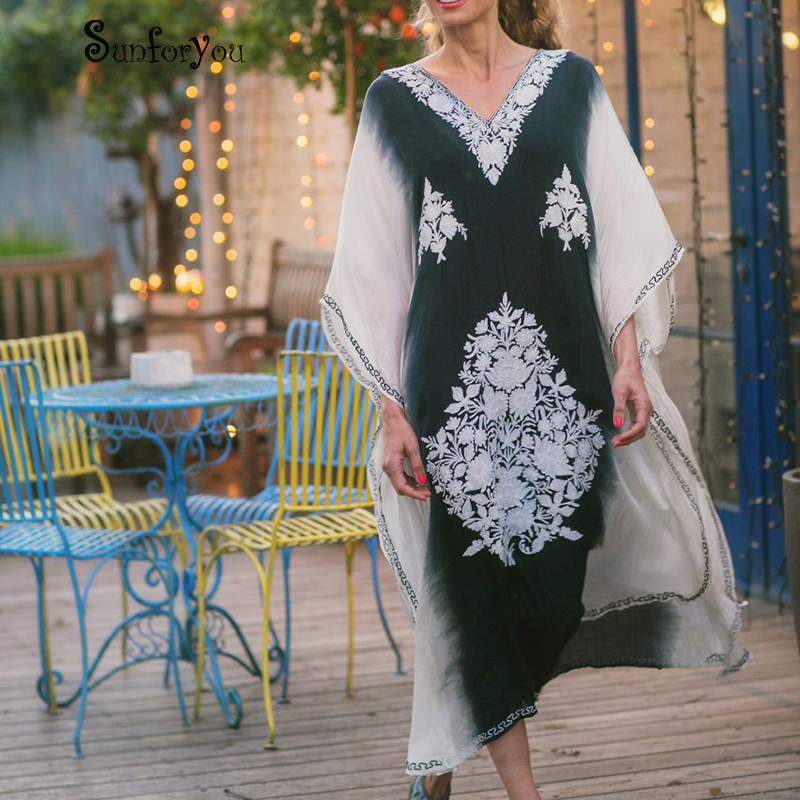 

Oversize Print Cotton Beach Dress Pareo Beach Saida de praia Boho Maxi Dress V neck Winter Robe de Plage Sarong Tunic, As picture