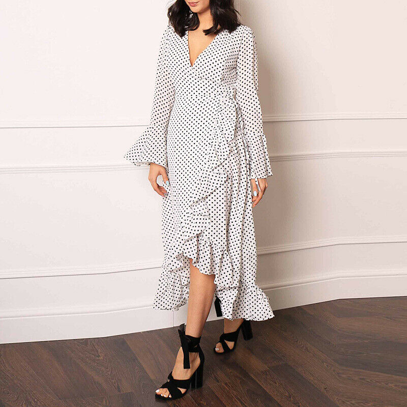 

Women Dresses Vintage V-neck Tunic Polka Dots Dress Long Sleeve Dress Plus Size Dresses, As photo shows
