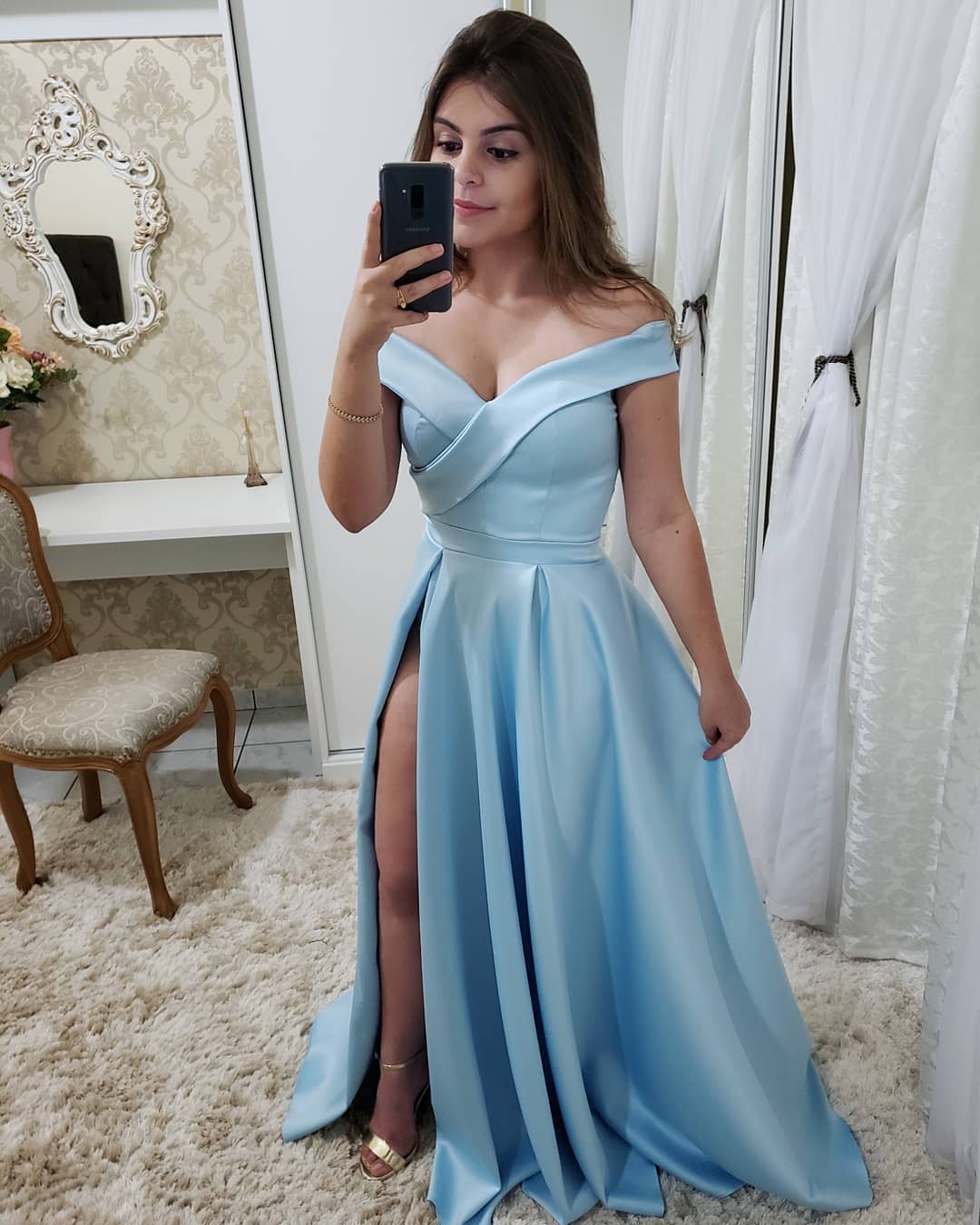 

Simple Elegant Light Sky Blue Cheap Long Prom Dresses Off Shoulders Ruched High Split Evening Party Gowns, Black