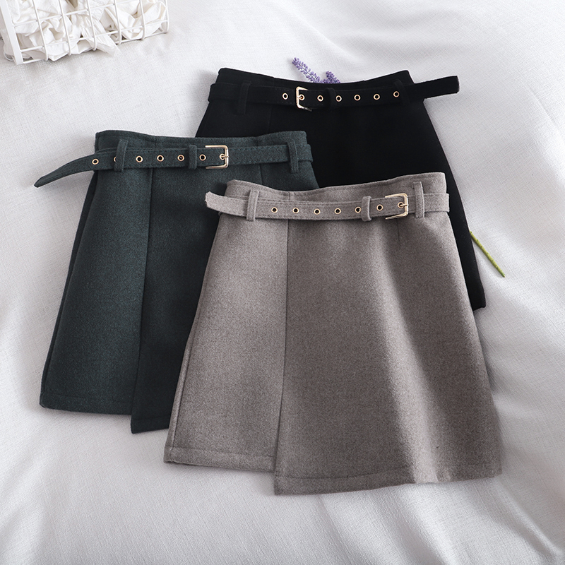 

Plaid A Line Heavy Woolen Skirts Women High Waist Skirts With Sashes Wide Leg Preppy 2020 New Autumn Mini Women, Black