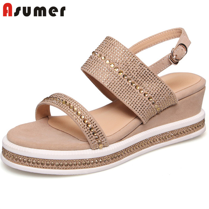 

ASUMER 2020 top quality suede leather casual shoes women sandals crystal buckle summer wedges platform sandals ladies black