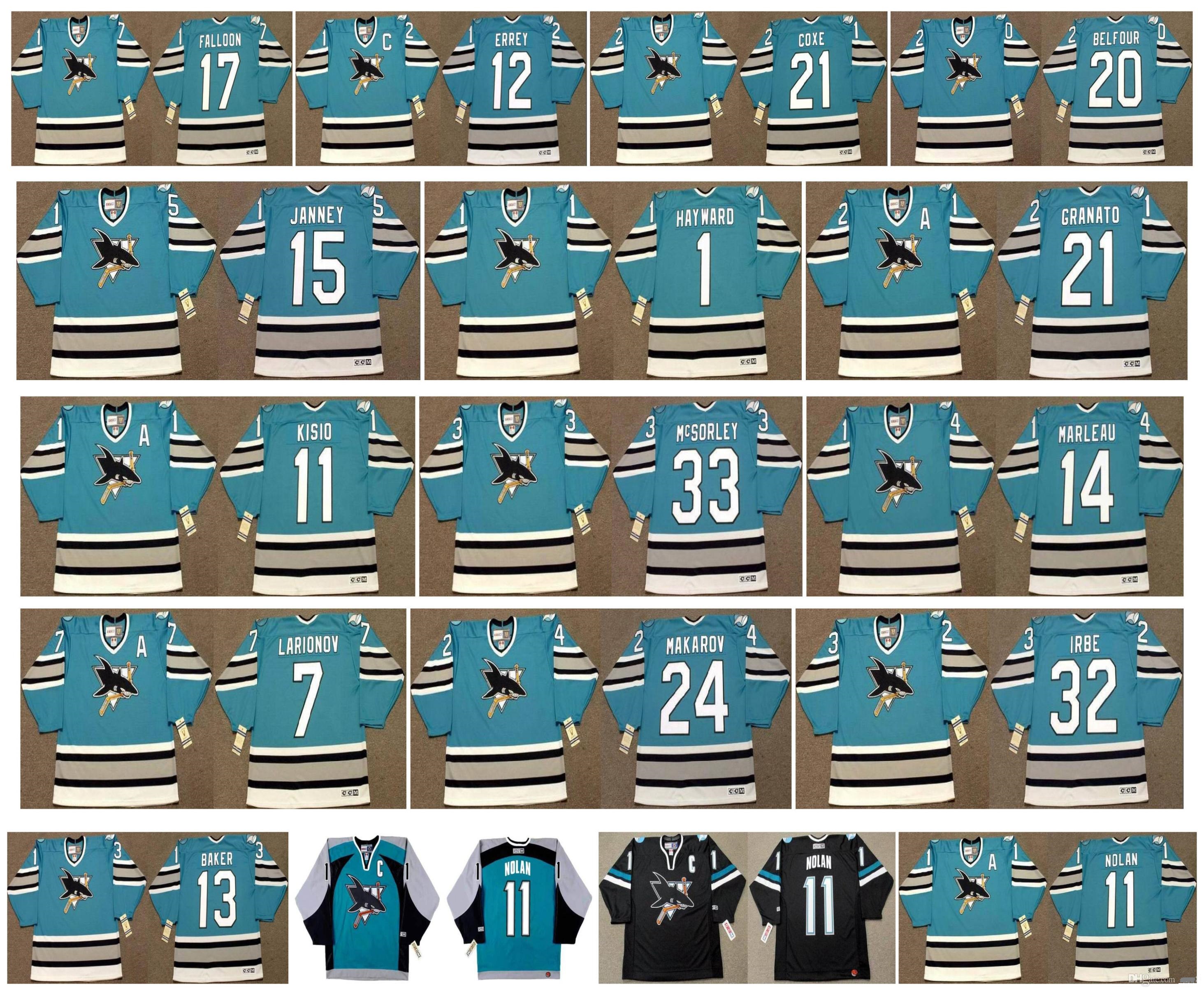 

Vintage San Jose Sharks Jersey 24 Sergei Makarov 7 IGOR LARIONOV 11 KELLY KISIO 33 MARTY McSORLEY 14 MARLEAU 15 CRAIG JANNEY CCM Hockey, Colour 3