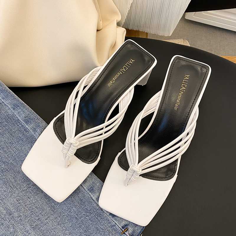 

Clip Toe Women Slippers Square Toe Fashion Narrow Band Design Slip On Mid Heels Slipper Mules Shoes Beach Shoes Sexy Size 35-39, Black