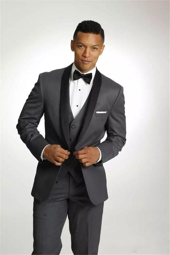 black dinner jacket grey pants