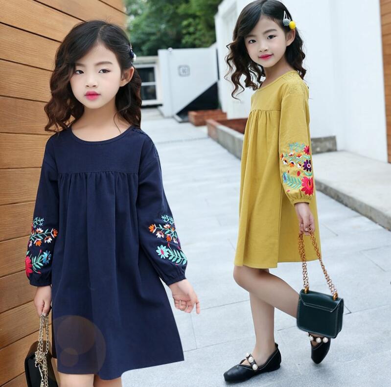 

Girl embroidered long-sleeved dress Spring and Autumn New Kind of Cotton Skirt for Middle and Big Girls and Korean Skirt for Children, Blue