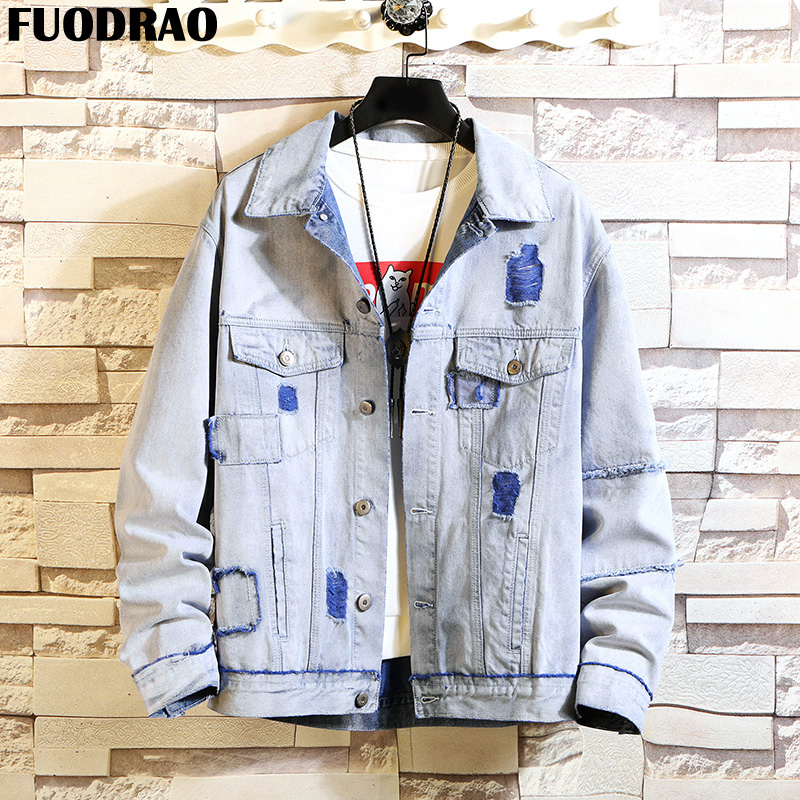 

FUODRAO Jacket Men Retro Hole Denim Jacket HipHop Streetwear Cotton Coats Loose Jaqueta Masculina Dropshipping Size 5XL J162, Blue