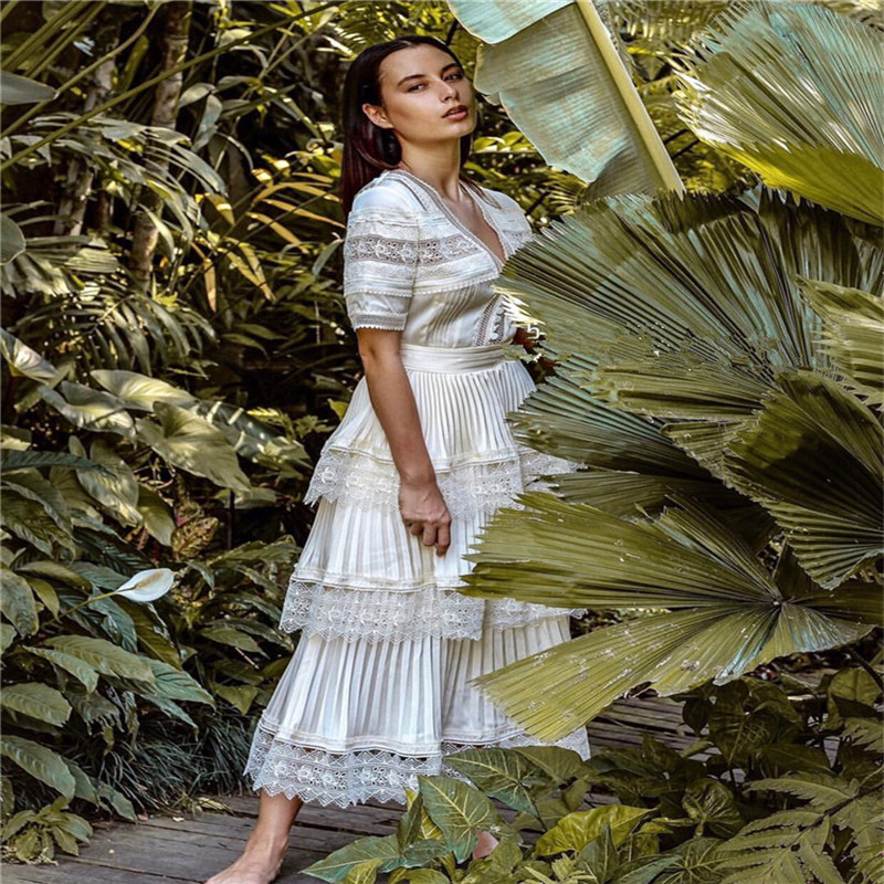 

2020 New arrive beige long dress deep V lace women party dress high quality