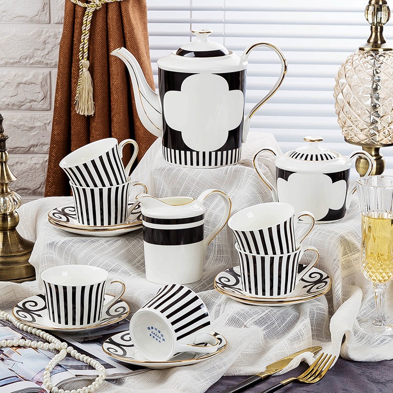 

Black and white color meets Ceramic porcelain coffee cup sets glod edge glazed technology coffee wholeset