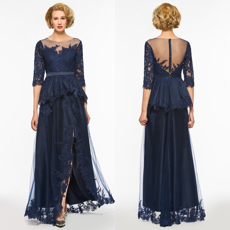 

Slit Dark Navy Vintage Long Evening Mother of the Bride Dresses Formal Gowns with Half Sleeves Lace Applique