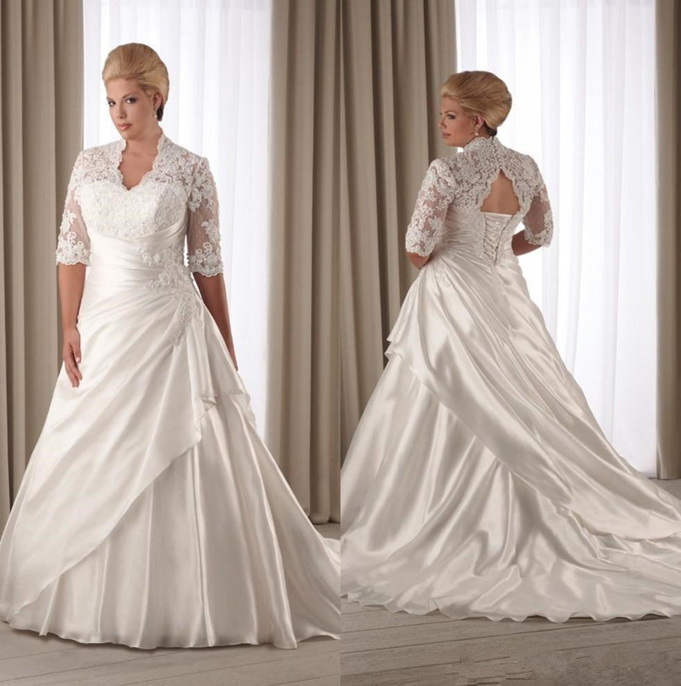 

2019 Lace Plus Size Wedding Dresses V Neck Half Long Sleeves Sexy Open Corset Back Long Train Church Bridal Gowns Custom Made Vestidos, Red