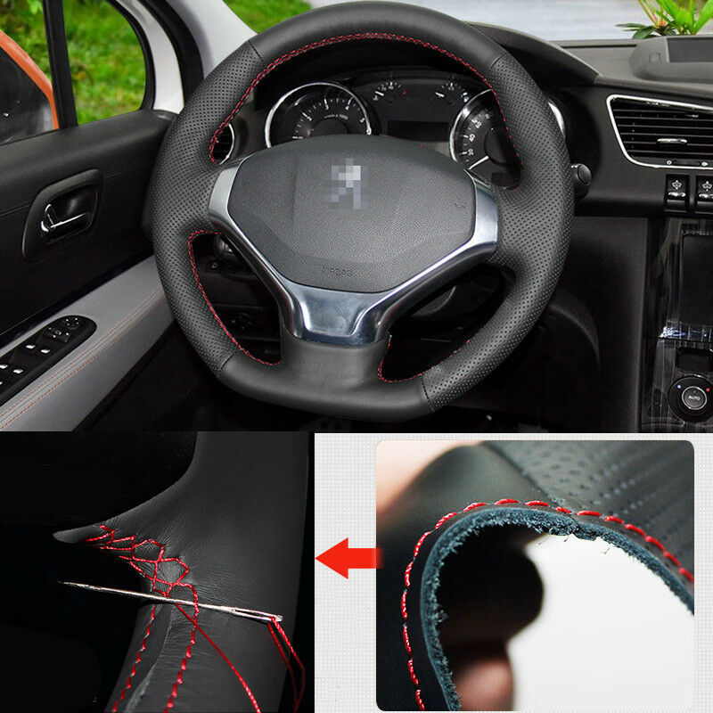 For Peugeot 3008 Car Steering Wheel Cover Non-slip DIY Hand Sewing Black Leather-image-454952247