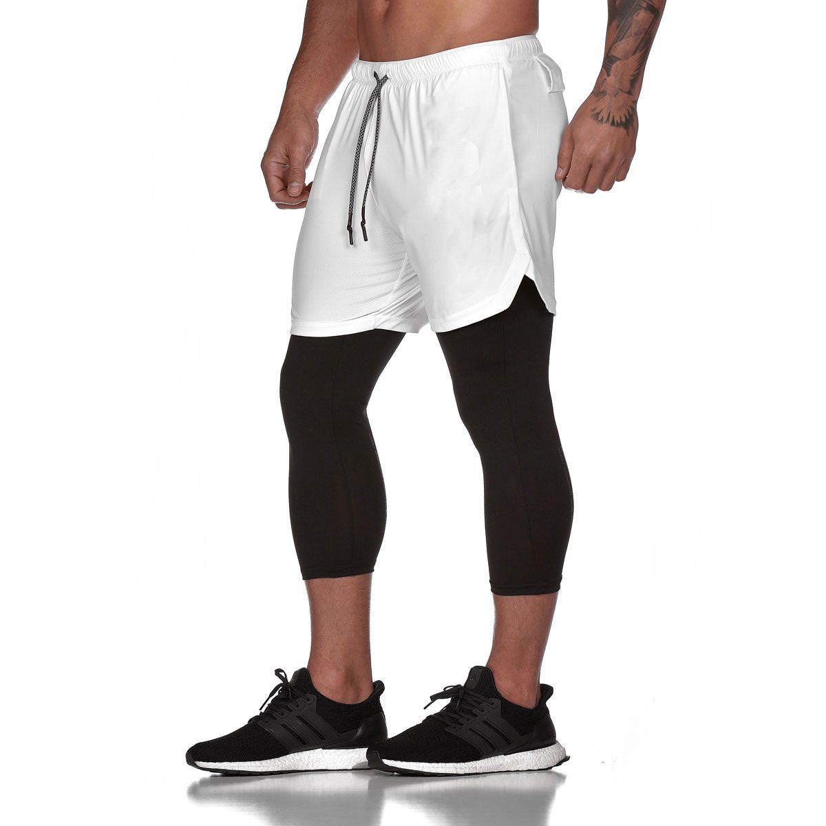 

QNPQYX New 2 IN 1 Mens Calf-Length Pants Gyms Fitness Tight Elastic Pants Quick-drying Leggings Men Jogging Suit, White