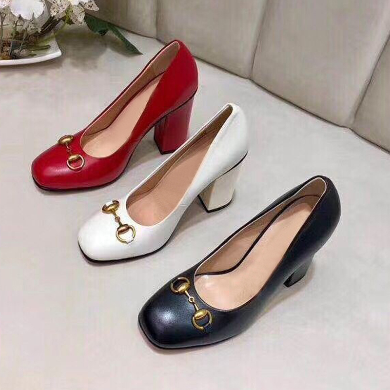 

Classic high-heeled boat shoe Designer leather Thick heel high heels 100% cowhide Round head Metal Button women Dress shoes Large size 34-42 us4-us11, Black