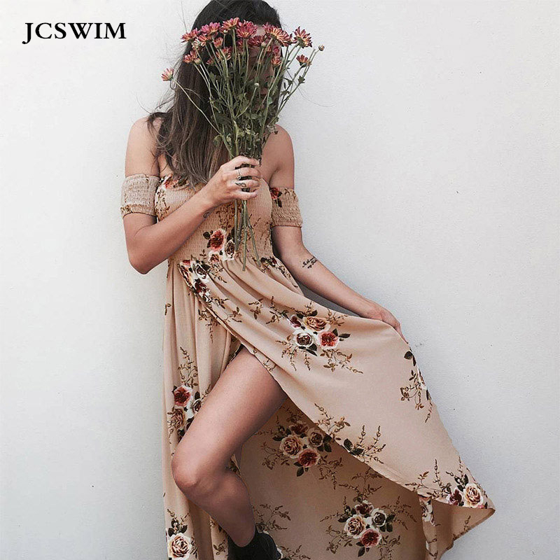 

JCSWIM Summer Off Shoulder Long Beach Dress Women Off Shoulder Halter Print Bikini Bathing Suit Cover Up Beachwear Swimwear 2020