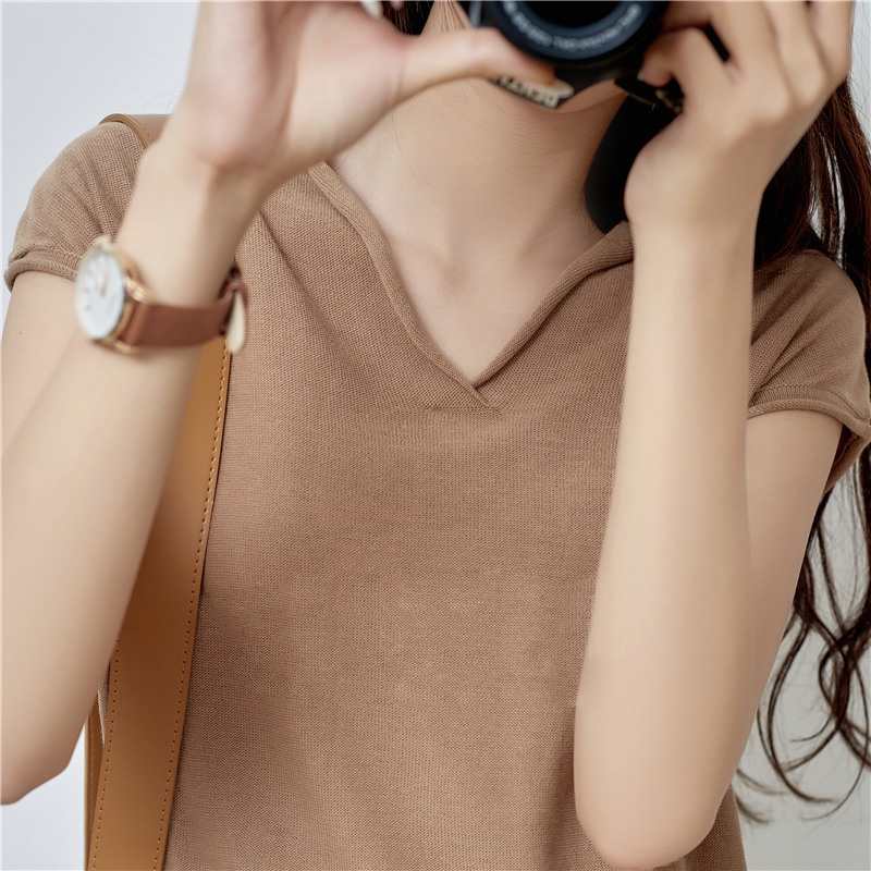 

Summer cotton V Neck knitting short sleeve women's ice silk top linen loose women's 2020 new thin T-shirt sweater, Khaki
