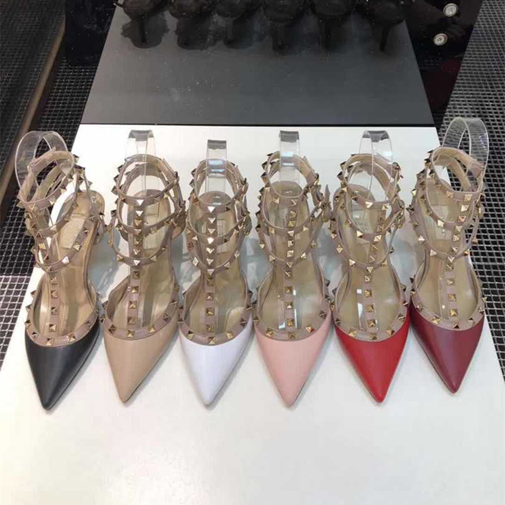 

2020 Hot New Sexy shoes high heel shoe Patent Women fashion Designer bottom high heel Leather rivets Sandals Pointed Toe 2-Strap with Studs, Black