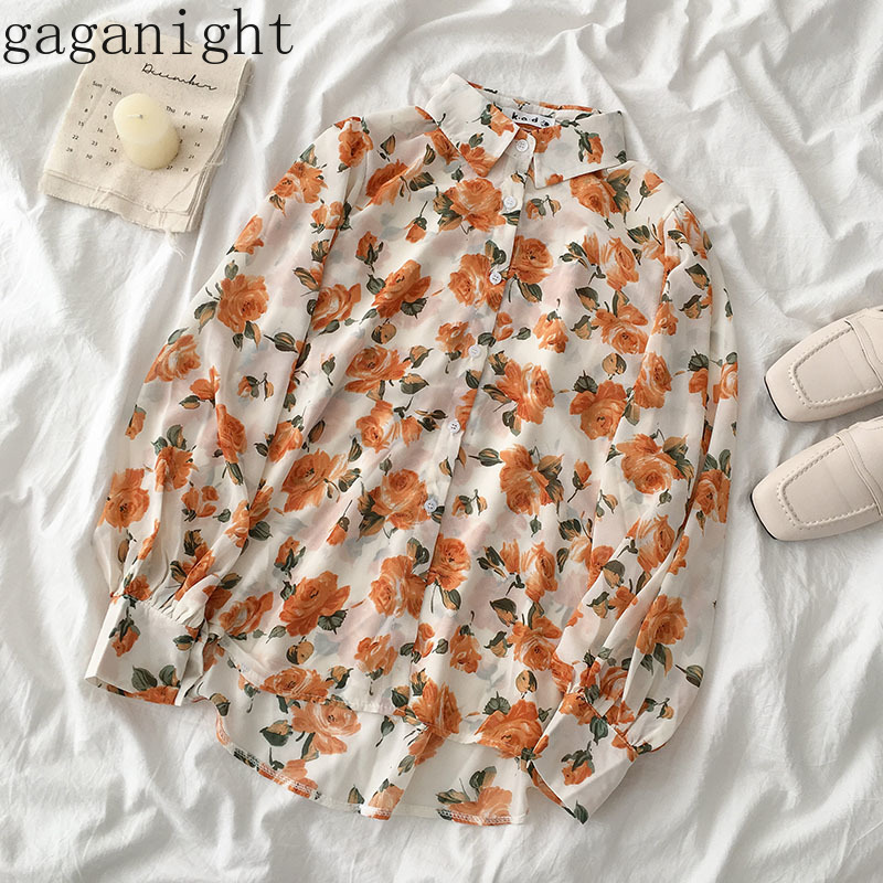 

Gaganight Korean Ins Turn Down Collar Long Sleeve Print Blouse Women Single Breast Design Loose Blusas Spring 2020 Chiffon Shirt, Photo color