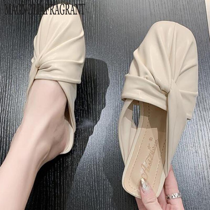 

Fashion Slipper Womens Outer Wear 2020 Summer New Style All-match Baotou Flat Mule Shoes Leisure Lazy Half Slippers women hy682, Beige