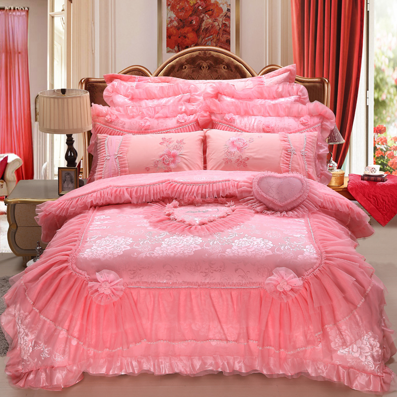 

2019 Red pink Jacquard wedding bedding sets 4/6/9pcs queen king size duvet cover set lace bedlinen bedspread