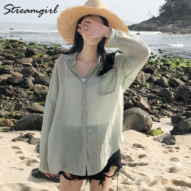 

Loose Button Up Shirt Women Summer Chiffon Blouse Long Sleeve White Wide Transparent Shirts Women 2020 Summer Oversize Blouses, Green