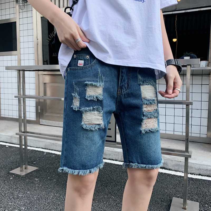 

Summer Thin Ripped Denim Shorts Men Five Ins gang feng Loose Net Red 5 Beggar Trousers Trend, Blue