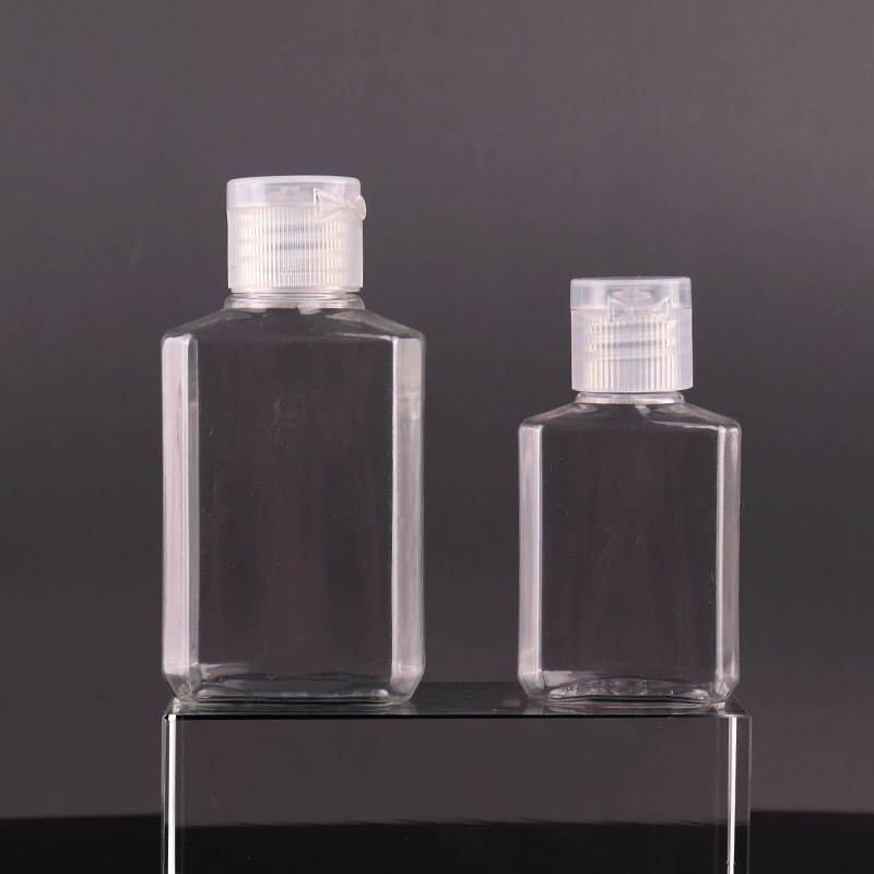 

30ml 60ml Empty PET plastic bottle with flip cap transparent square shape bottle for makeup fluid disposable hand sanitizer gel