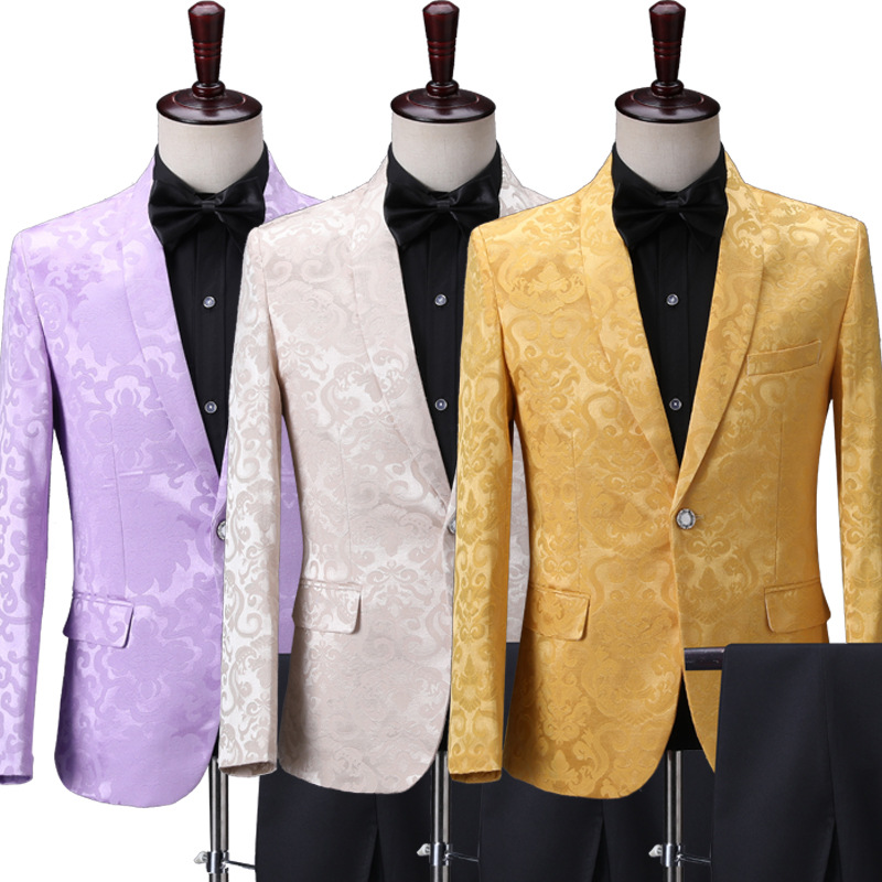 

HOO 2020 New Men's Jacquard Suit Green Fruit Collar Printed Dress Suit Stage Host Singer Two Pieces