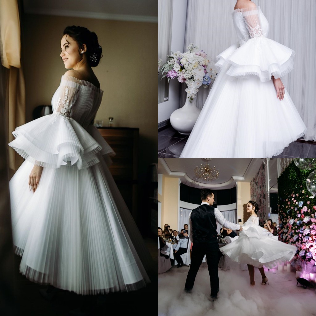 

2020 Bohemian New Arrival Long Sleeve Bateau Hi Lo Wedding Dresses Tulle Lace Applique Bridal Gowns Zipper Tassel Wedding Gowns, Hunter green